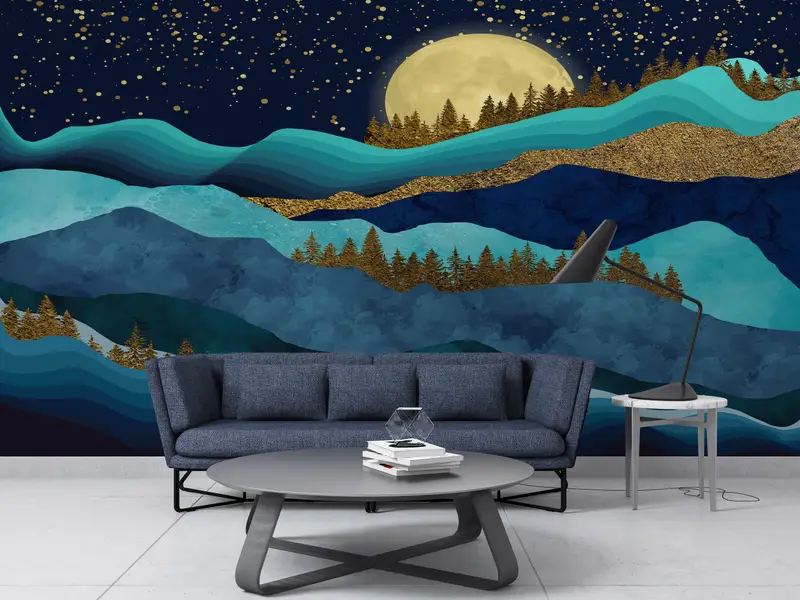 金の森の風景、金の壁紙、自然の景色の壁の絵、満月の風景の壁の絵、空の壁画、山の壁紙、 - 1