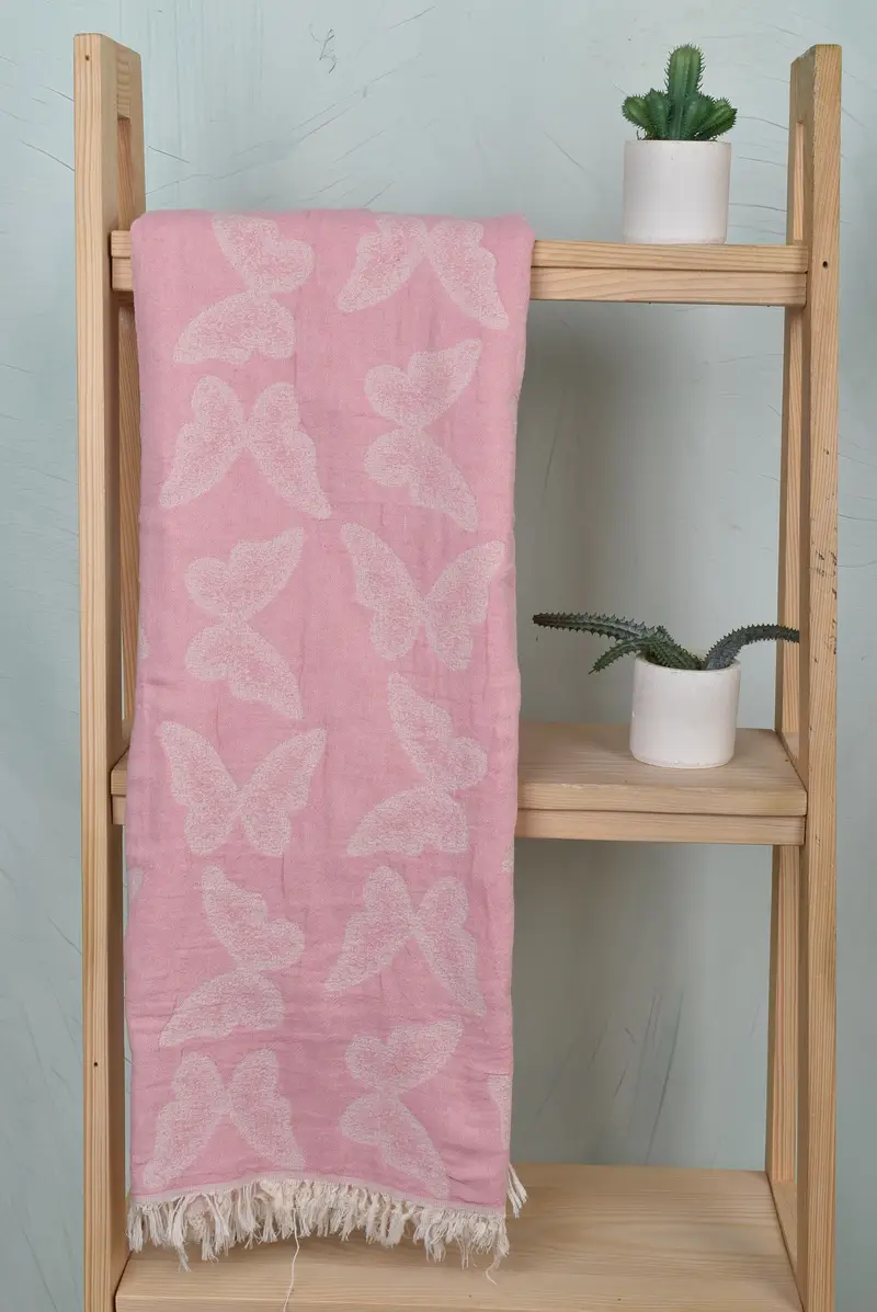 Butterfly Pattern Towel Light Powder Pink Organic Cotton/Linen, 36x67 Inches