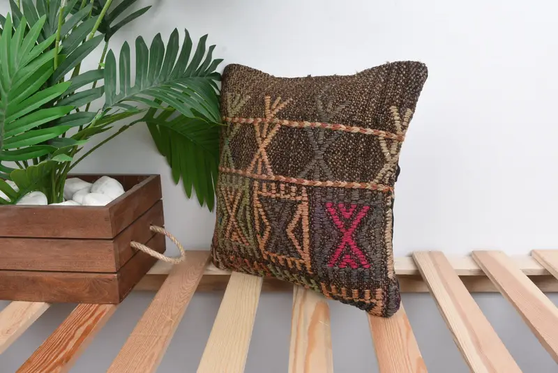 Turkish Kilim Pillow, 12x12 Brown Cushion, Boho Pillow Sham Cover, Crochet Pattern Pillow Cover, Kilim Pillow Cover, Pillow - 5