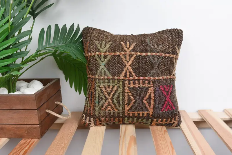 Turkish Kilim Pillow, 12x12 Brown Cushion, Boho Pillow Sham Cover, Crochet Pattern Pillow Cover, Kilim Pillow Cover, Pillow - 1