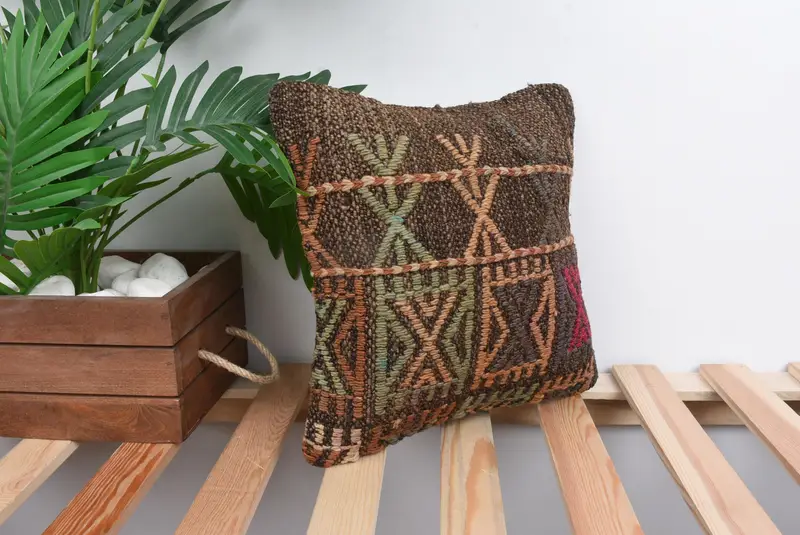 Turkish Kilim Pillow, 12x12 Brown Cushion, Boho Pillow Sham Cover, Crochet Pattern Pillow Cover, Kilim Pillow Cover, Pillow - 4