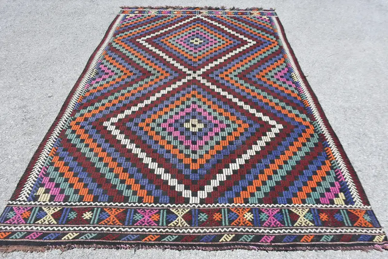 Türk Vintage Halı, 6x9.5 ft Kilim Halı, Mavi Turuncu Çizgili Yün Halı - 1