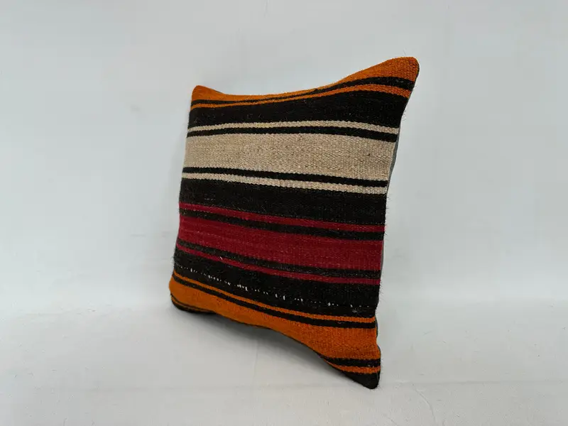 Ethnical Kilim Rug Pillow, 14x14 Orange Cushion Case, Pillow Sham, Kilim Pillow Cover, Outdoor Patio Cushion Cover, Turkish Pillow - 4