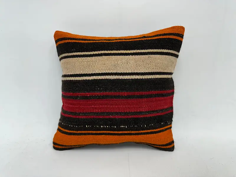 Ethnical Kilim Rug Pillow, 14x14 Orange Cushion Case, Pillow Sham, Kilim Pillow Cover, Outdoor Patio Cushion Cover, Turkish Pillow - 1