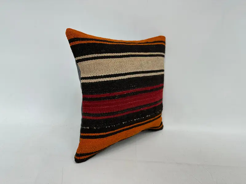 Ethnical Kilim Rug Pillow, 14x14 Orange Cushion Case, Pillow Sham, Kilim Pillow Cover, Outdoor Patio Cushion Cover, Turkish Pillow - 3