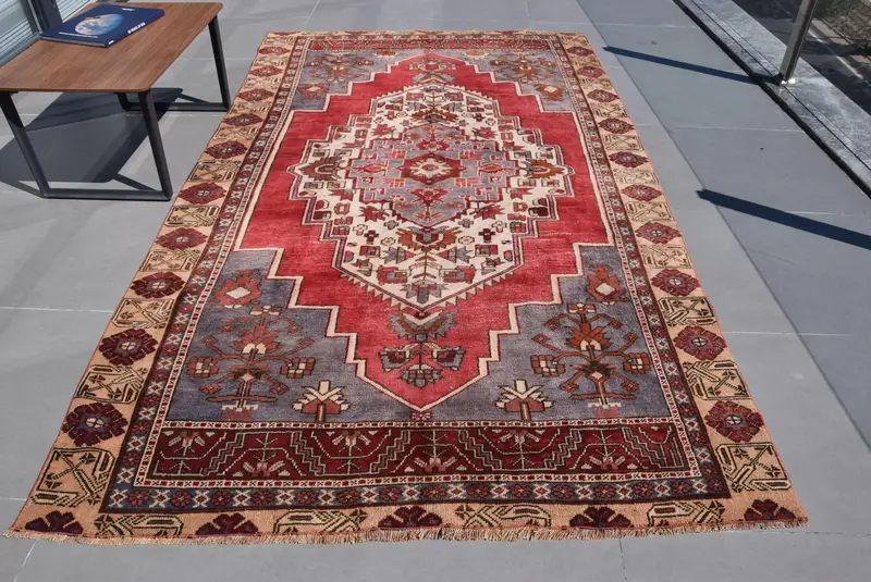 Vintage Turkish Oushak Rug 5.4x9.2 ft (166x281 cm), Red Moroccan Wool Rug - 1