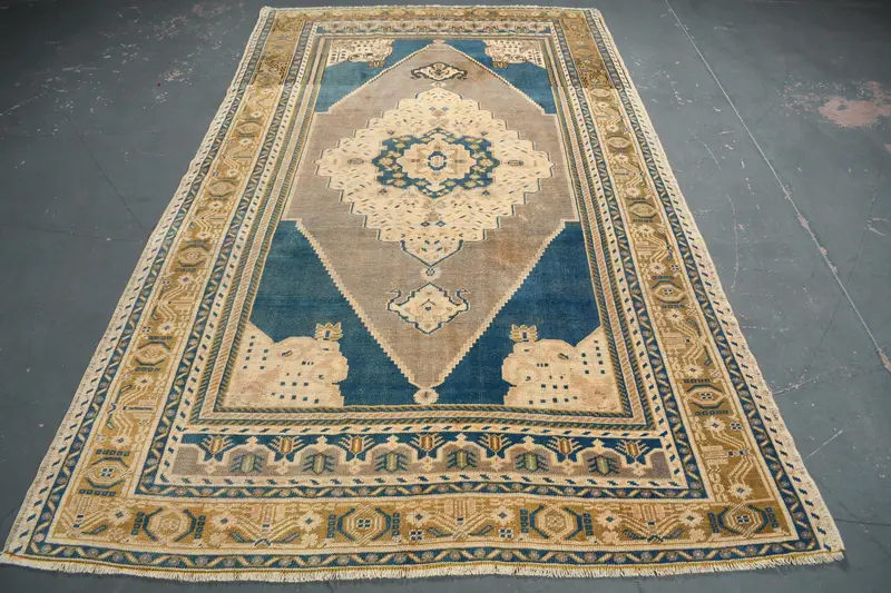 Vintage Rug, 5.6x8.9 ft Large Rug, Blue Brown Oushak Wool Rug - 1