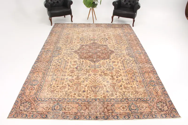Türkischer 7,8x11,4 ft Teppich, Übergroßer Vintage Teppich, braun karierter Wollteppich - 1