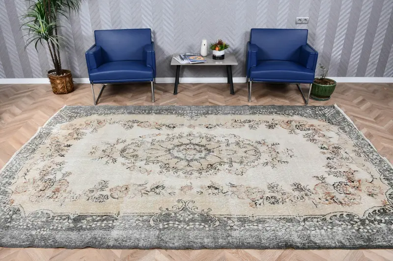 6.7x10.1 ft Türk Halısı, Oushak Halısı, Gri Ombré Halı Yünü - 1