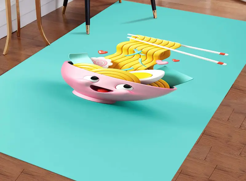 Eleganter bedruckter Teppich für die Küche mit Ramen-Nudeln in Mintgrün – niedliches Design