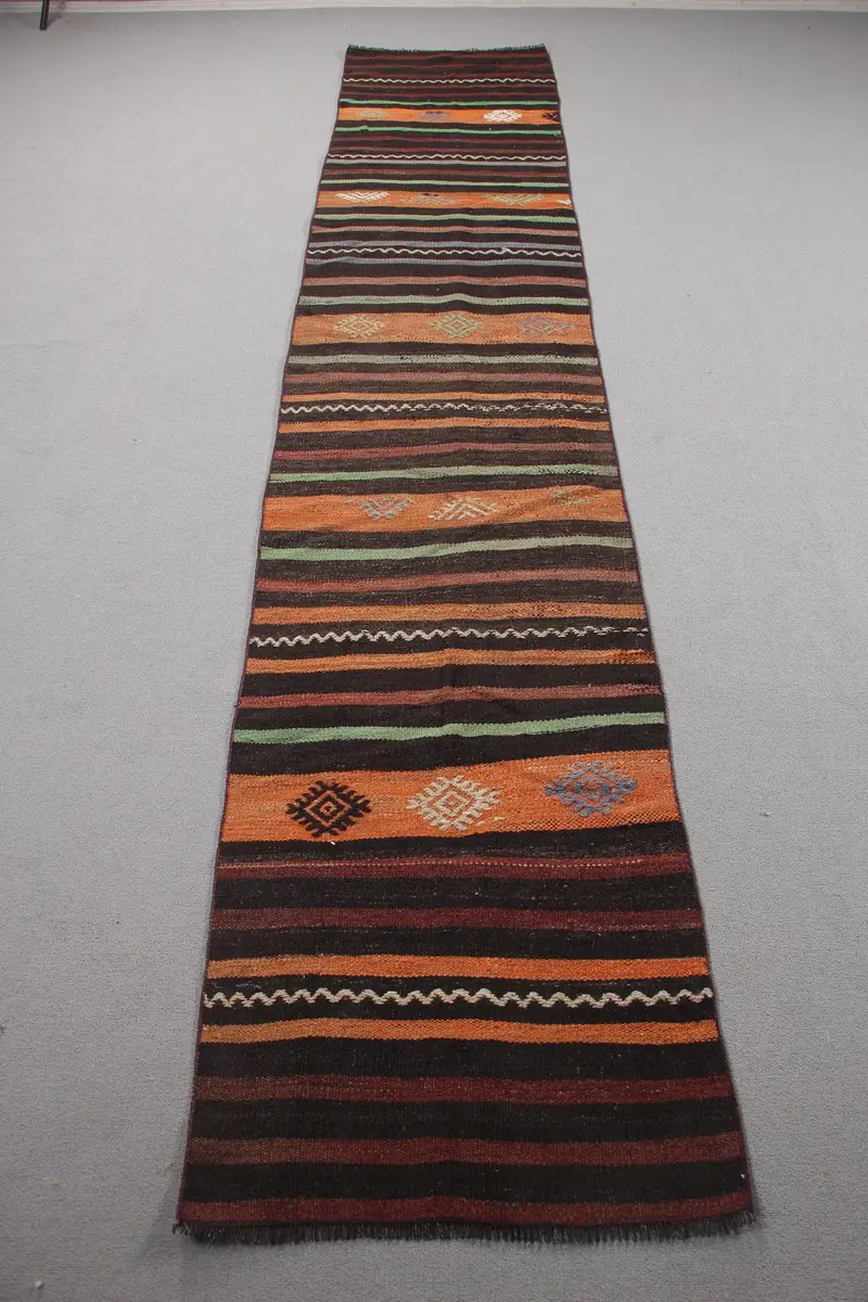 Turkish Vintage Rug, 2.2x11.1 ft Kilim Rug, Brown Runner Camouflage Rug - 1