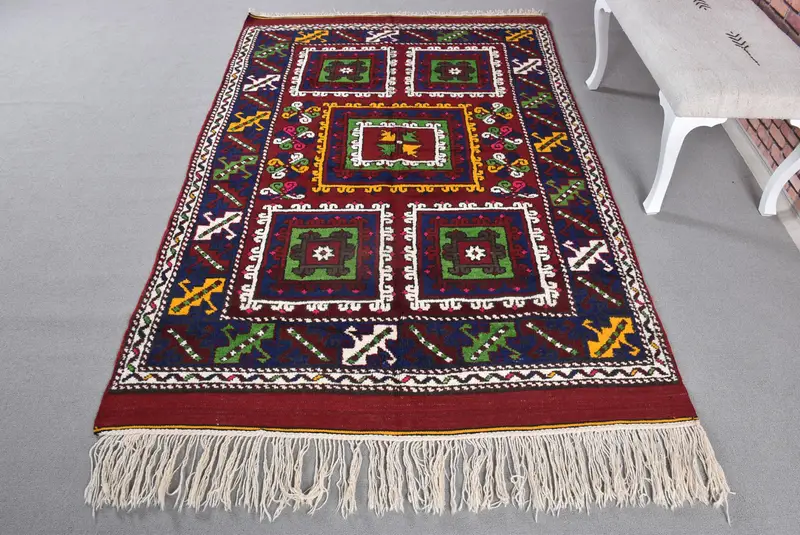 Red & Blue Rug, 4,9x7,7 ft Botanical Design