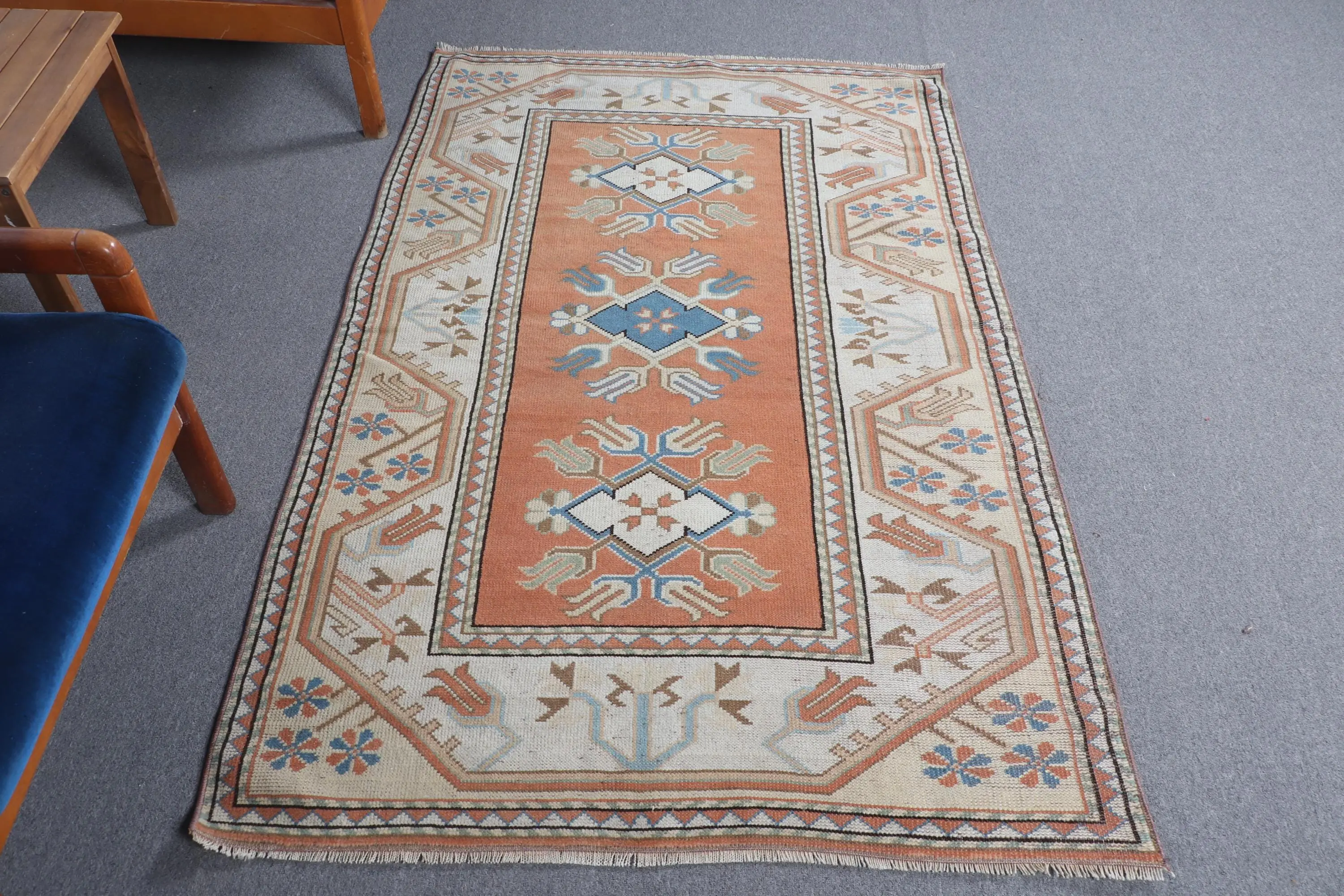 3.8x6.1 ft Vintage Halı, Türk Vurgulu Halı, Turuncu İkat Yün Halı - 1