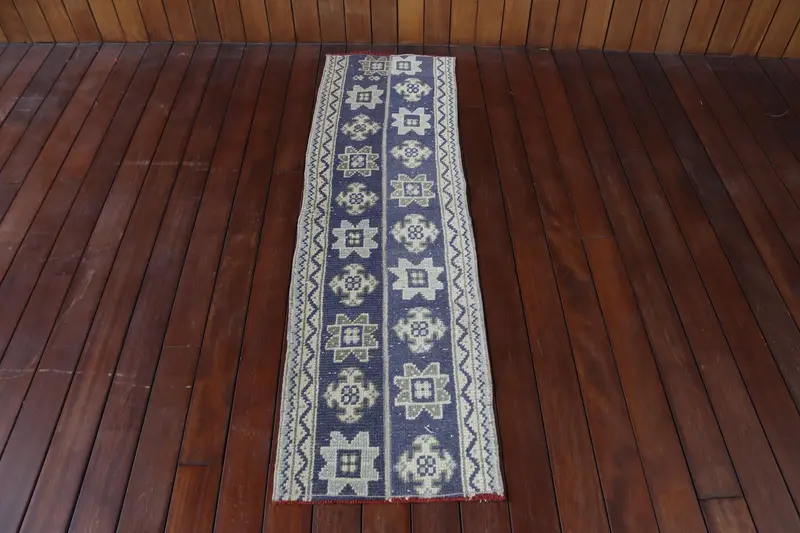 Türk Vintage Halı, 1.4x5.3 ft Oushak Halı, Mavi Patchwork Yün Halı - 1