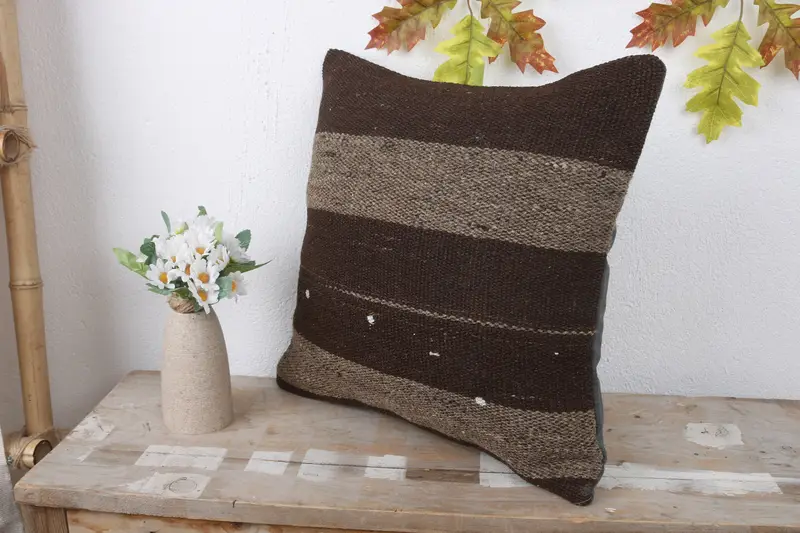 16x16 Brown Cushion Case, One Of A Kind Pillow Case, Pillow for Sofa, Bright Cushion Cover, Pillow Sham, Vintage Pillow, Kilim Cushion Sham - 4