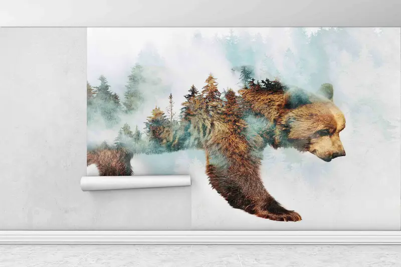 Printable Wall Art, Bear Walking in Snow Wall Decals, Animal Wall Painting, Trendy Wall Painting, Abstract Forest Paper Art, Gift For Her, - 1