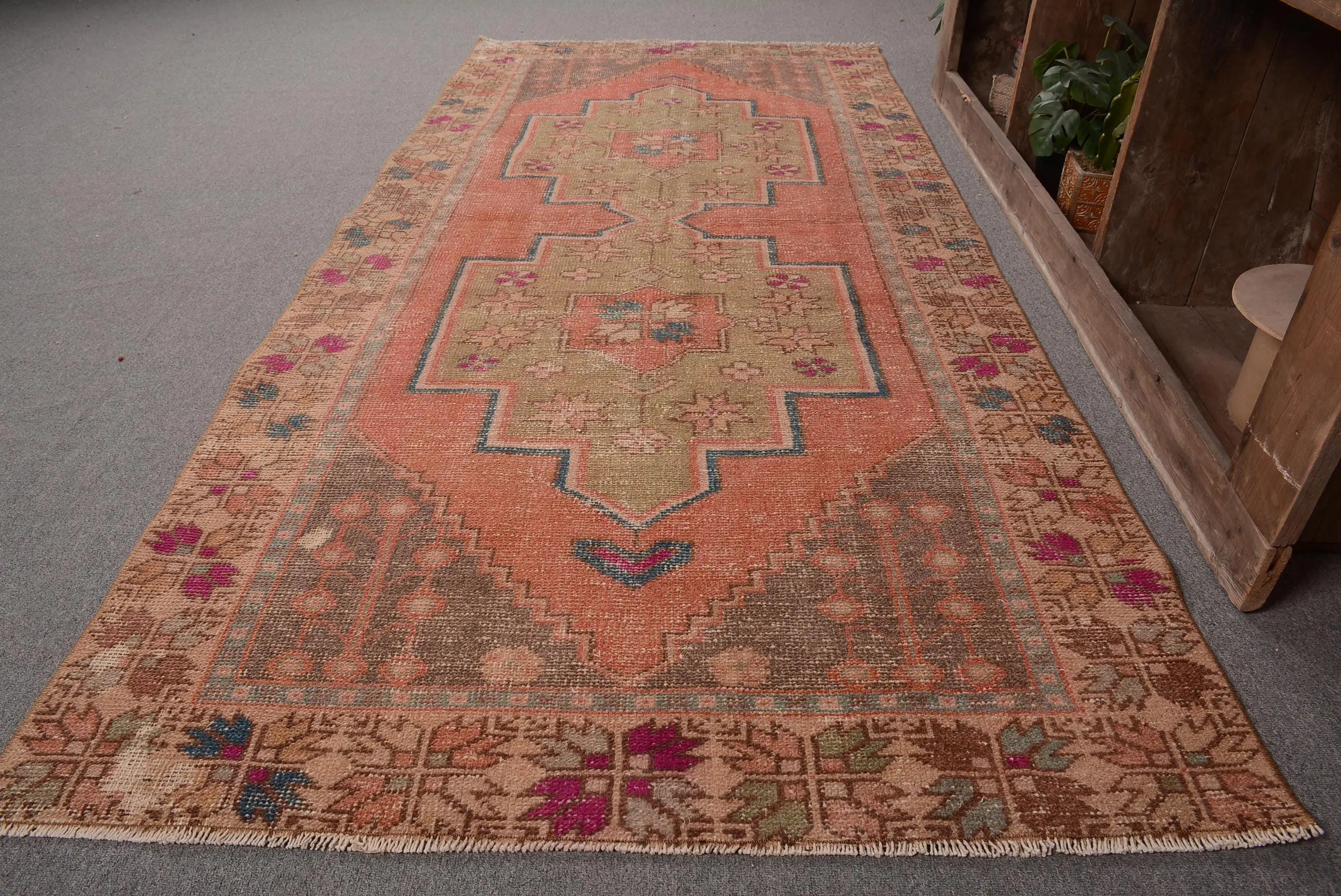 Türk Bölge Halısı 3,9x8,2 ft (120x250 cm), Turuncu Çizgili Vintage Halı - 1