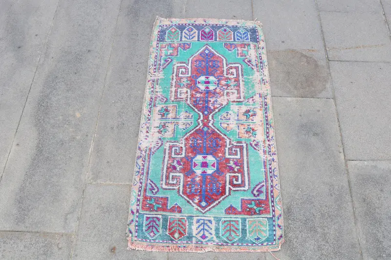 1.6x3.1 ft Vintage Oushak Rug, Blue Floral Turkish Wool Rug - 1