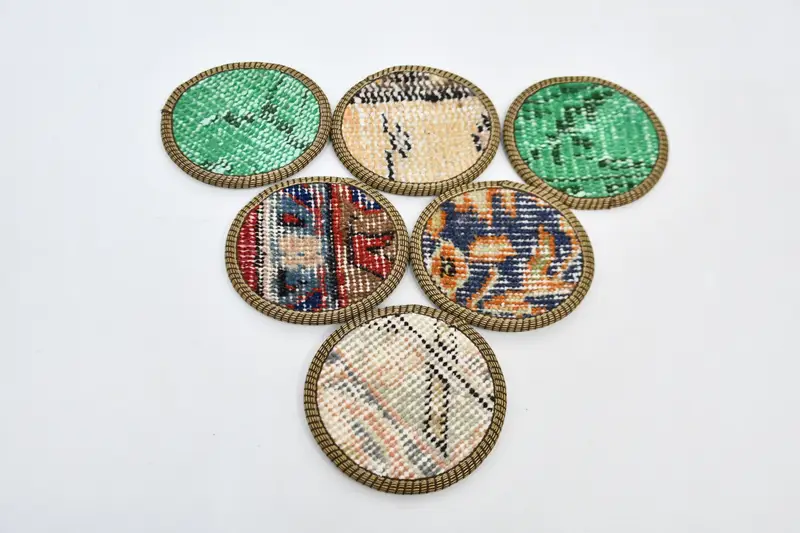 Juego de posavasos Kilim verde y bronce, posavasos de diseño tradicional