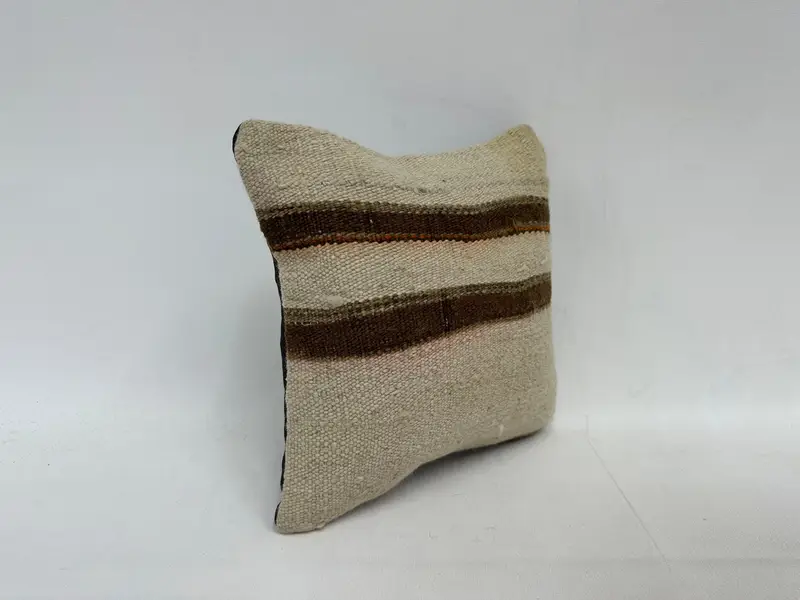 Beige & Brown Striped Embroidered Pillow, 12x12 Inches Decorative Pillow - 3