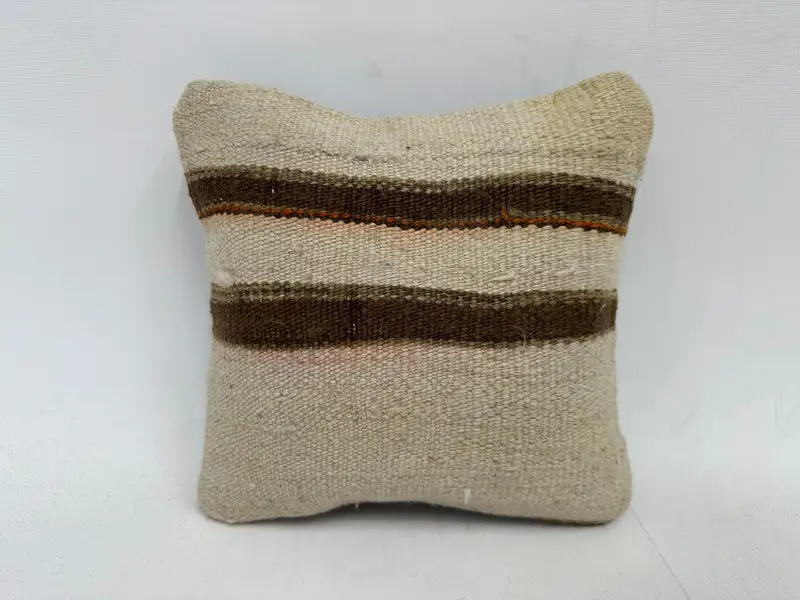 Beige & Brown Striped Embroidered Pillow, 12x12 Inches Decorative Pillow - 1
