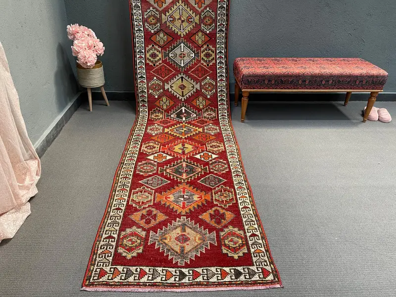 Vintage Rug, 2.8x12.1 ft Runner Rug, Red Orange Herki Wool Rug - 1