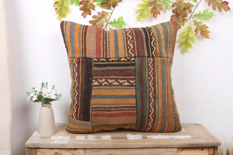 Handgefertigtes Patchwork-Wurfkissen in Braun und Orange, Vintage-Kissen