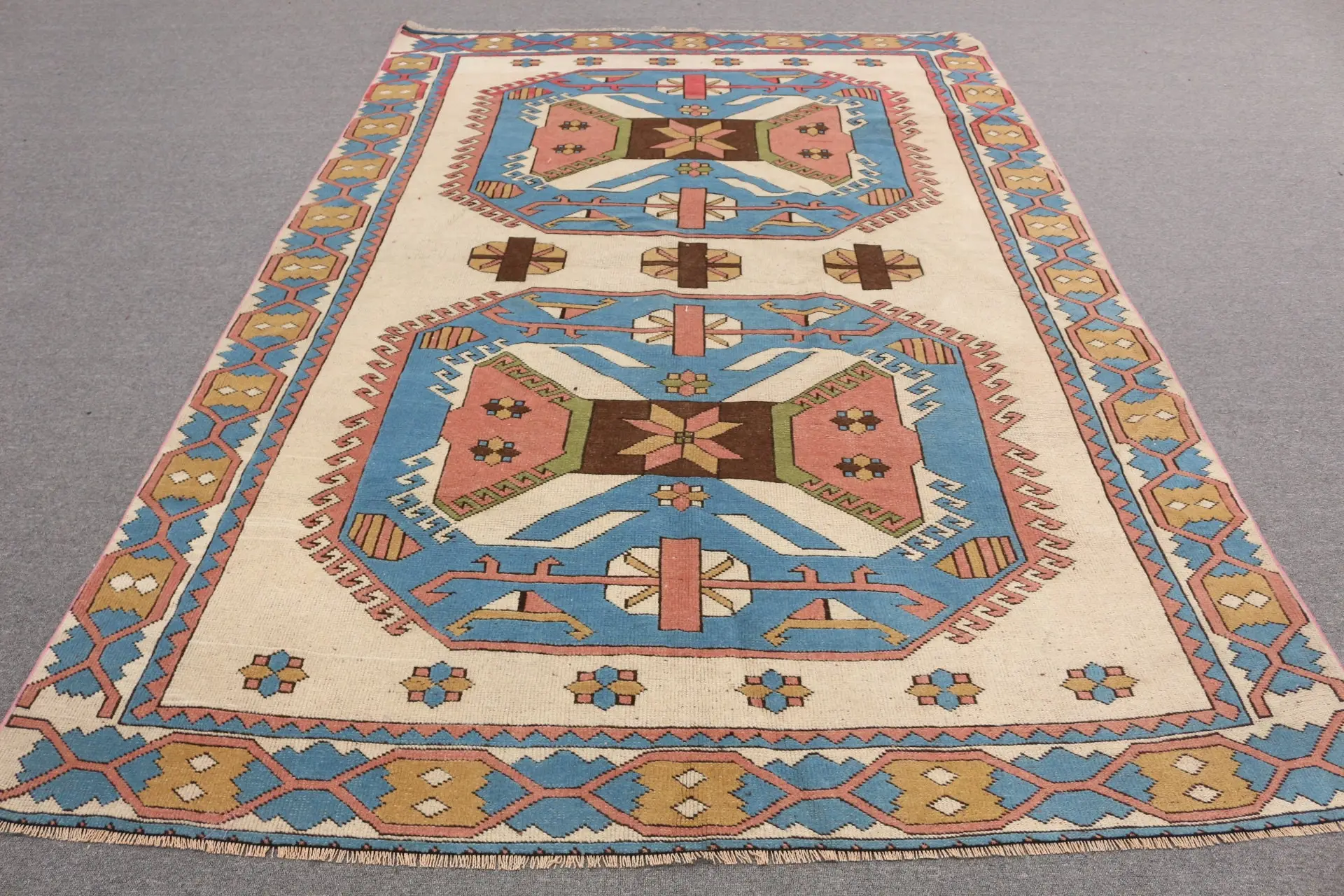 Vintage Teppich, 6,5x9,4 ft türkischer Teppich, blau umrandeter Wollteppich - 1