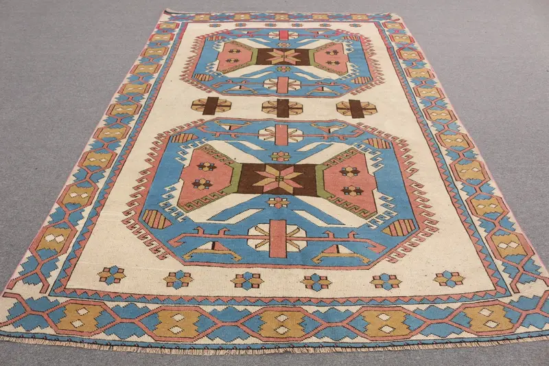 Alfombra Elegante Beige 9,4x9,42ft Diseño con Bordes Azules