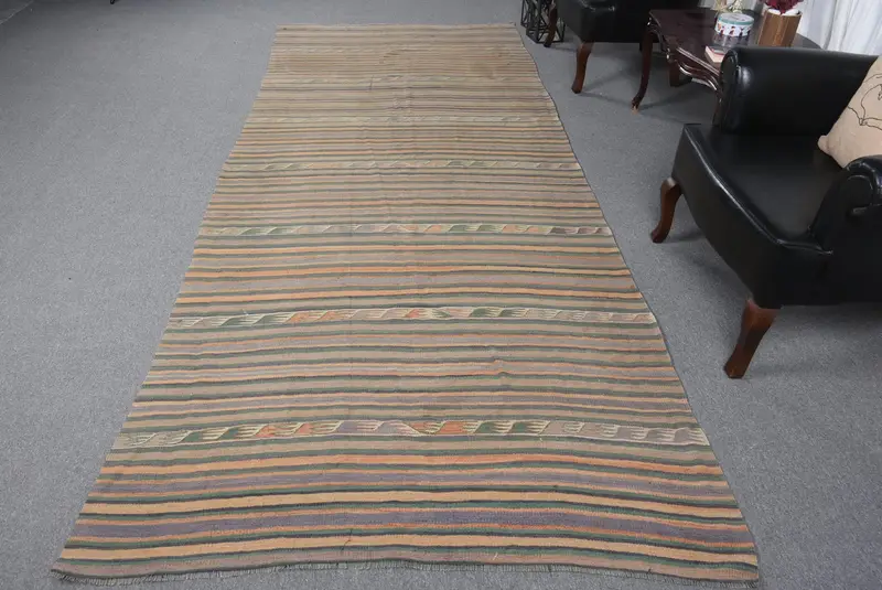 Alfombra de cuadros verde y naranja hecha a mano, 4,8x12 pies