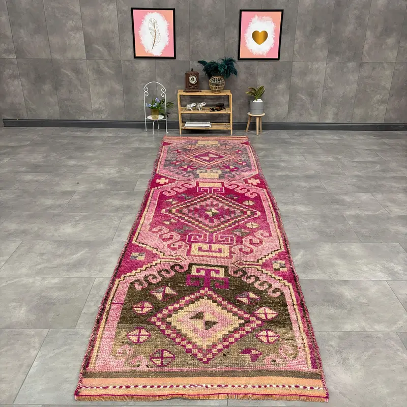 3,3x11,8 ft Vintage Teppich, türkischer Läuferteppich, roter orientalischer Wollteppich - 1