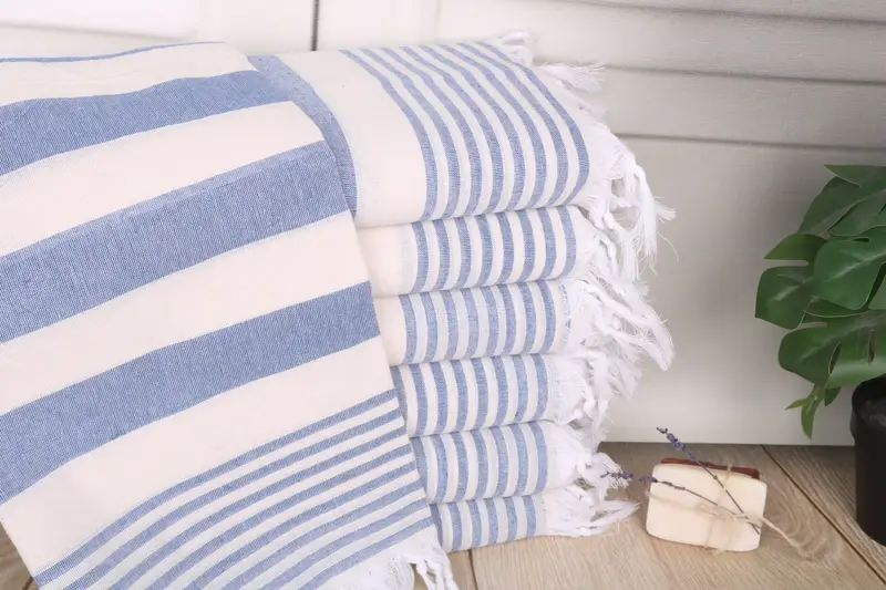 Beach Towel Personalized Blue Cotton Striped, Organic Material, 70x40 Inches