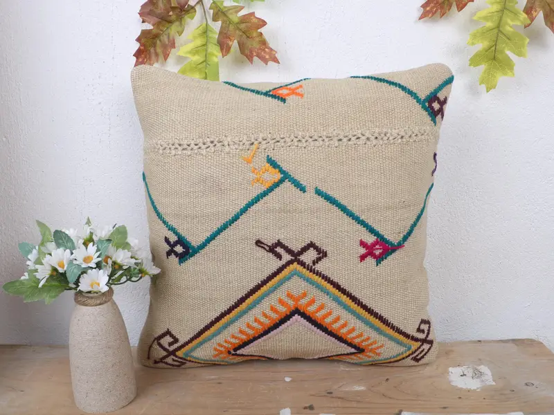 Beige & Orange besticktes geometrisches Wurfkissen, handgemachtes Vintage Kissen