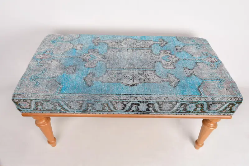 Kilim-Inspired Blue & Gray Ottoman, Modular Sofa Set Ottoman