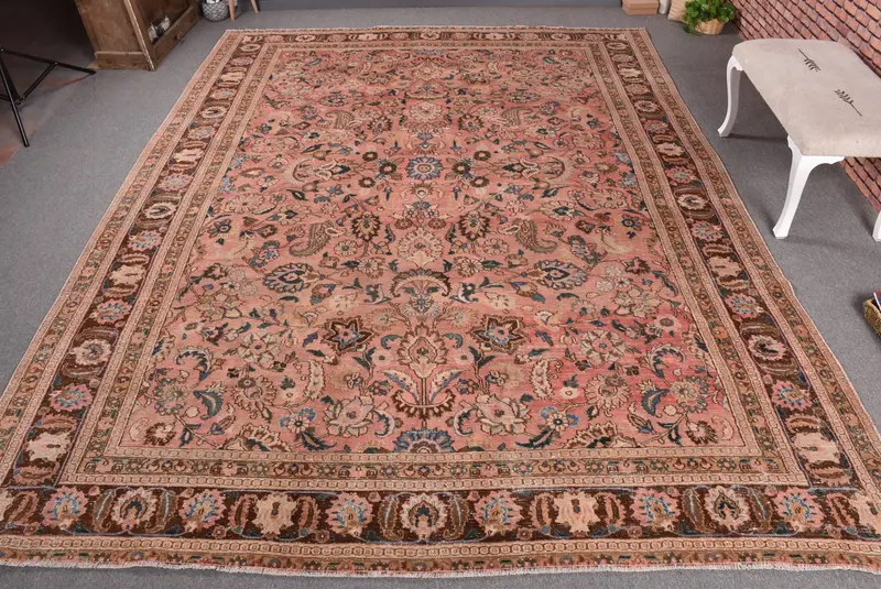 Eleganter 9 x 11 Fuß großer Teppich, geometrisches Blumenmuster in Rosa und Blau