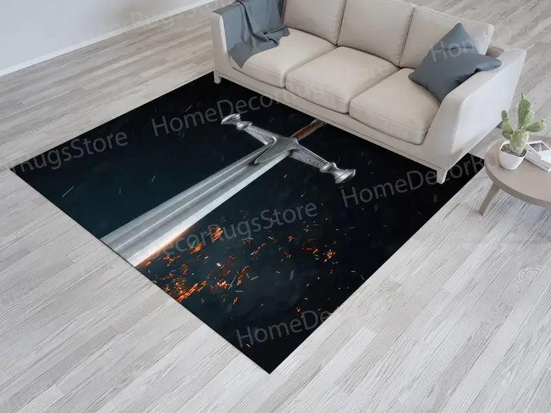 サムライソードプリントラグ、モダン戦士デザイン、耐久性のある生地