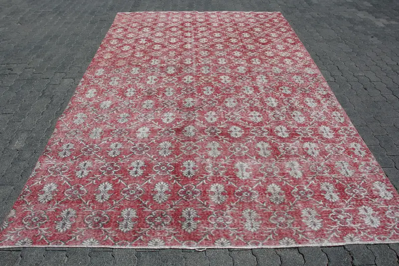 Türkischer Vintage-Teppich, 7 x 11,4 Fuß großer Übergröße-Teppich, roter Oushak-Patchwork-Teppich - 1