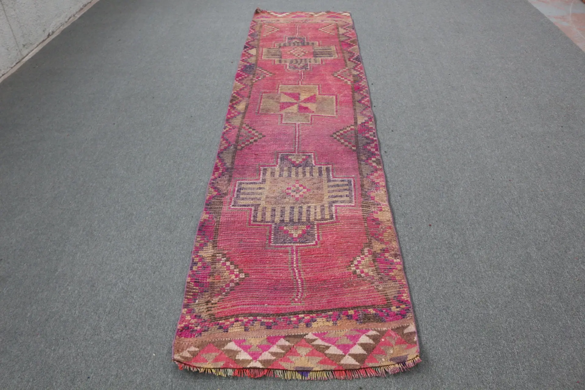 Turkish Vintage Runner Rug 2.6x10.5 ft, Herki Red Wool Rug - 1