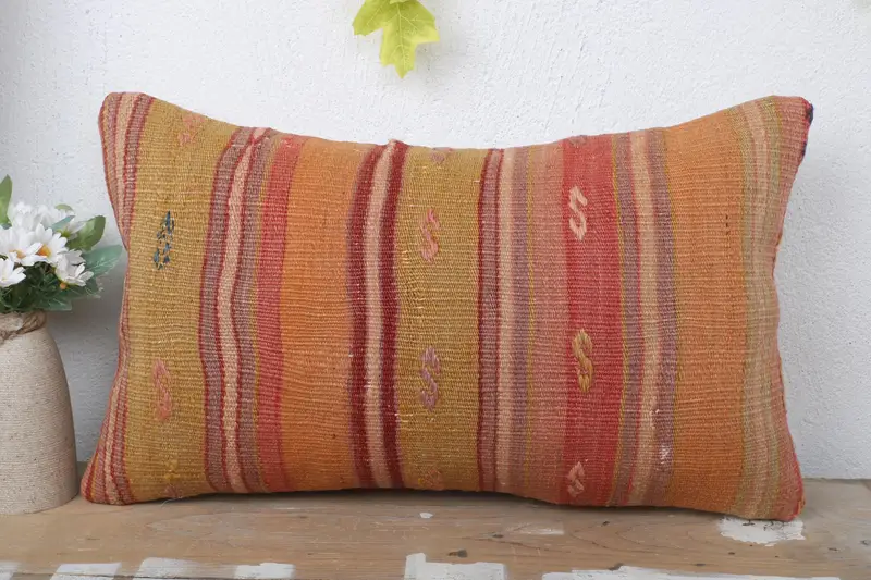 Pillow Case, Home Decor Pillow, Throw Kilim Pillow, 12x20 Orange Cushion Case, Boho Chic Cushion Case, Kilim Pillow, Bolster Cushion Cover - 2