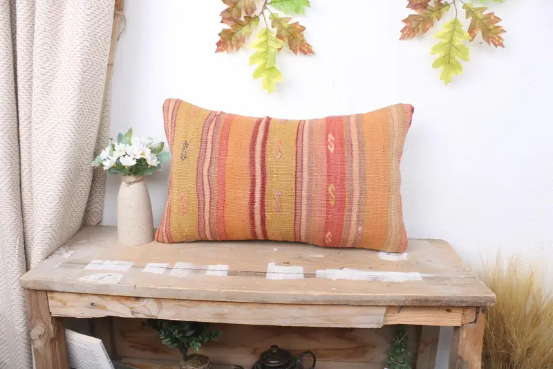 Pillow Case, Home Decor Pillow, Throw Kilim Pillow, 12x20 Orange Cushion Case, Boho Chic Cushion Case, Kilim Pillow, Bolster Cushion Cover - 1