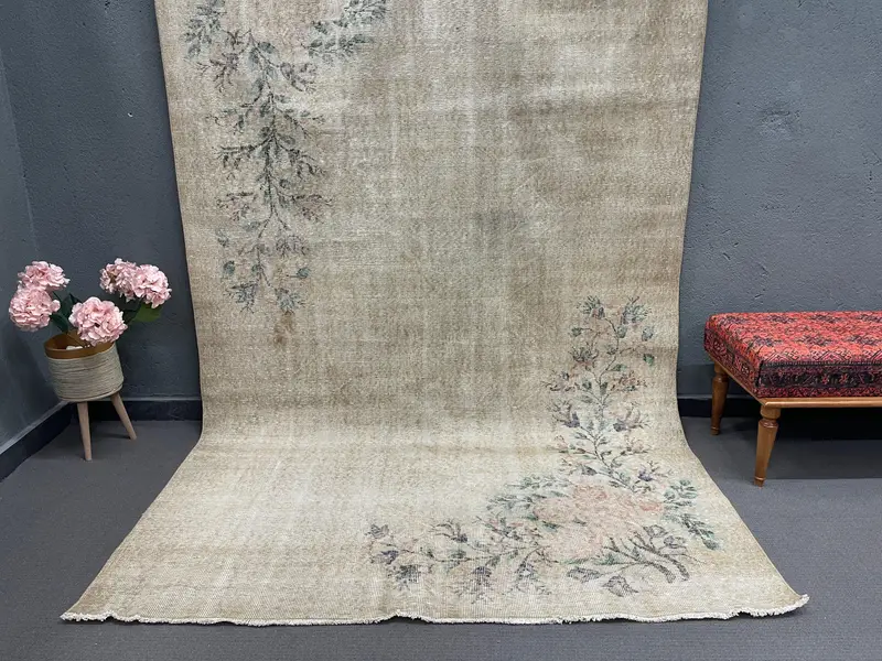 Vintage Turkish Rug, 6x9.4 ft Large Rug, Gray Blue Solid Rug - 1