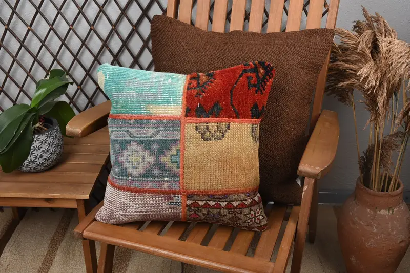 Muted Pillow Sham, Kilim Pillow Cover, Bohemian Cushion Pillow Sham, Pillow for Couch, Pillow Cover, 16x16 Yellow Cushion Cover, Throw Kilim Pillow - 1