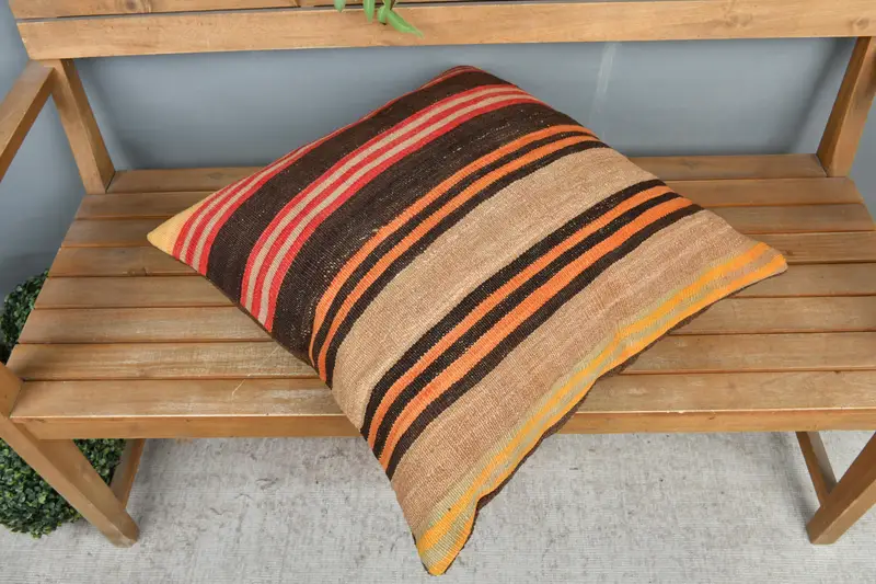 Ethnical Kilim Rug Pillow, 24x24 Brown Pillow Sham, Cotton Cushion, Cushion Case, Traditional Cushion, Pillow for Couch, Vintage Kilim Pillow - 2