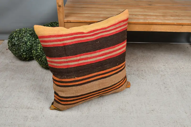 Ethnical Kilim Rug Pillow, 24x24 Brown Pillow Sham, Cotton Cushion, Cushion Case, Traditional Cushion, Pillow for Couch, Vintage Kilim Pillow - 7