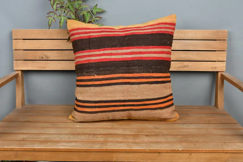 Ethnical Kilim Rug Pillow, 24x24 Brown Pillow Sham, Cotton Cushion, Cushion Case, Traditional Cushion, Pillow for Couch, Vintage Kilim Pillow - 6