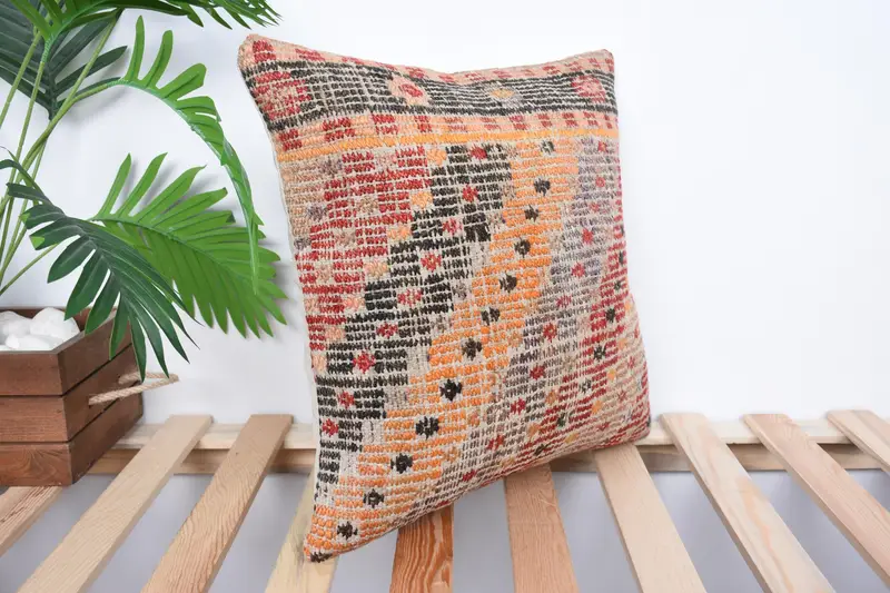 Vintage Pillow, Handmade Kilim Cushion, Turkish Kilim Pillow, Wool Kilim Pillow Pillow Cover, 16x16 Orange Pillow Cover, Pillow Case - 4