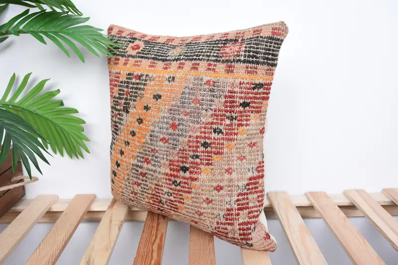 Vintage Pillow, Handmade Kilim Cushion, Turkish Kilim Pillow, Wool Kilim Pillow Pillow Cover, 16x16 Orange Pillow Cover, Pillow Case - 5