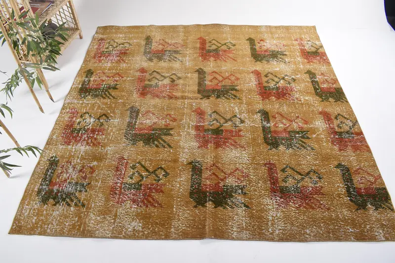 Handmade Yellow & Green Persian Rug, 5.4x6.5 ft