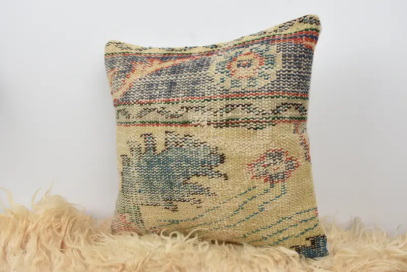 Vintage Kilim Throw Pillow, Handmade Kilim Cushion, Nautical Throw Cushion, Cushion, Kilim Pillow Cover, 16x16 Blue Cushion Cover - 7