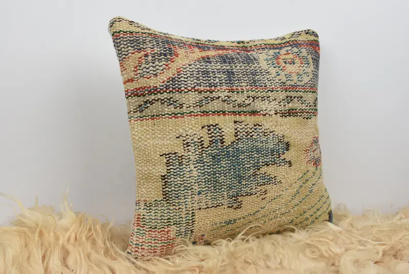 Vintage Kilim Throw Pillow, Handmade Kilim Cushion, Nautical Throw Cushion, Cushion, Kilim Pillow Cover, 16x16 Blue Cushion Cover - 8